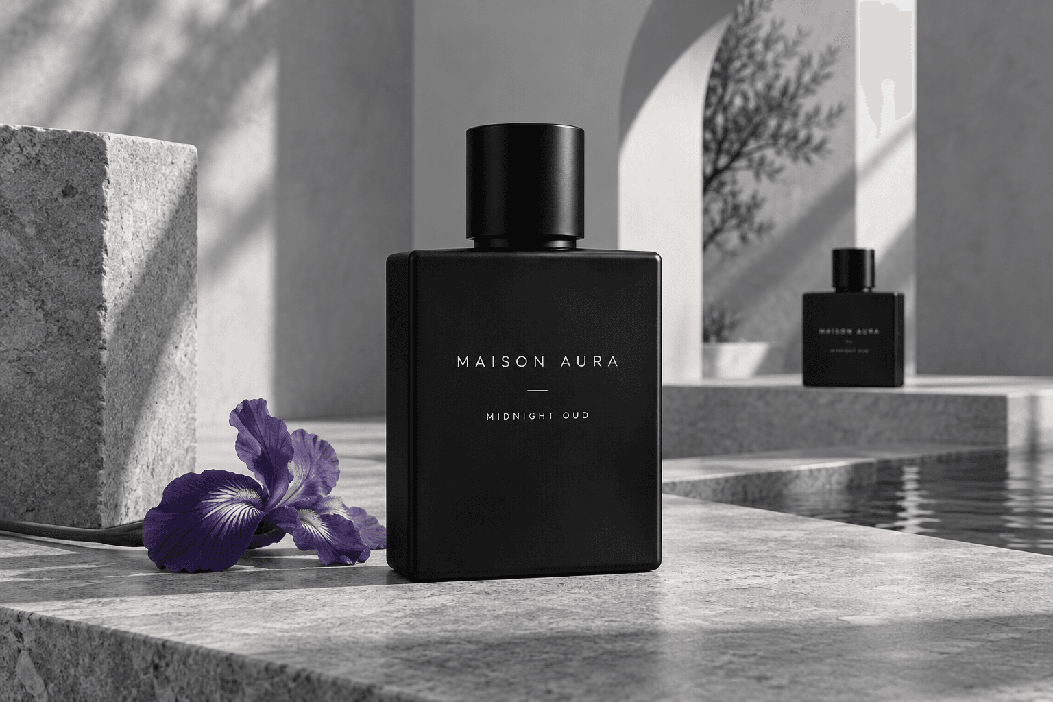 Maison Aura matte black perfume bottles on a cool gray surface