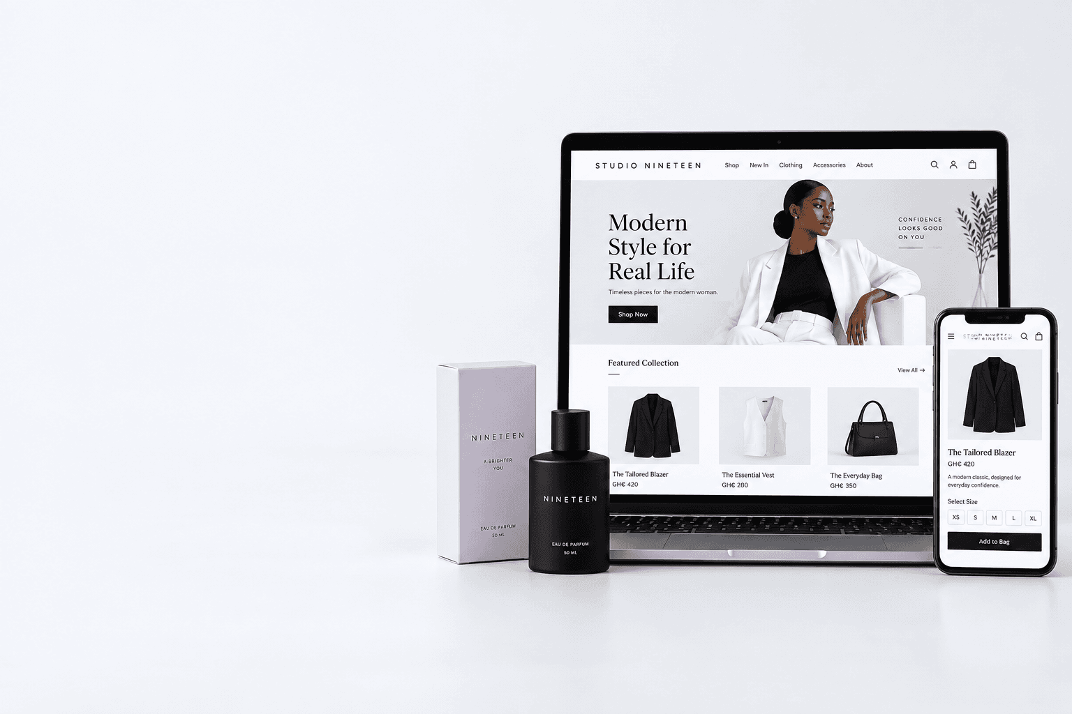 An online fashion store displayed on a laptop and phone beside products ready to sell